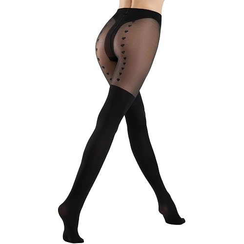 MANZI Mock Suspender Pantyhose for Women Faux Thigh High Stockings Black Over the Knee Goth Sparkly Tights
