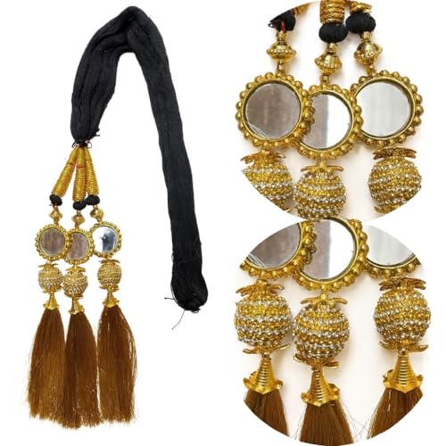 Image of Paranda Gold Mirror Paranda, Traditional Punjabi Hair Accessory with Tassels Handcrafted Bridal Hair Traditional Punjabi Paranda for Women & Girls Handmade Hair Accessory for Parties & Festivals