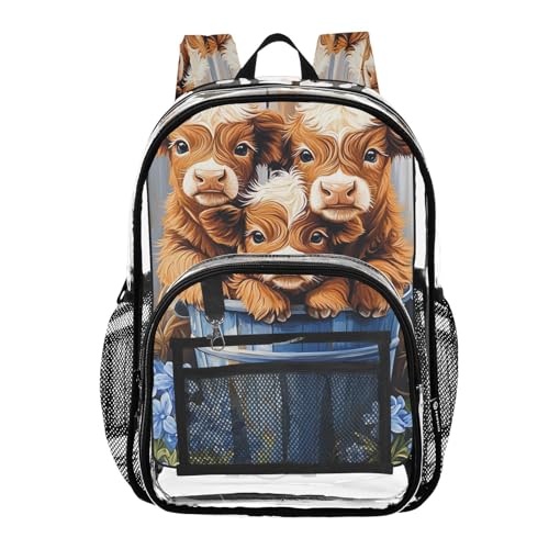 Cute Highland Cow Blue Flower Clear Backpack Heavy Duty See Through Transparent PVC BookBag for Kids Boy Girl School Work