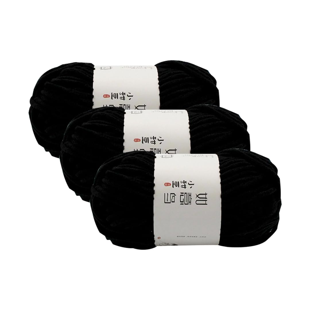 3 Pack Chunky Chenille Soft Yarn for Hand Knitting and Crochet,Bulky Thick Fluffy Plush Yarn for Beginners (55m,55g Each Skein) (Black)