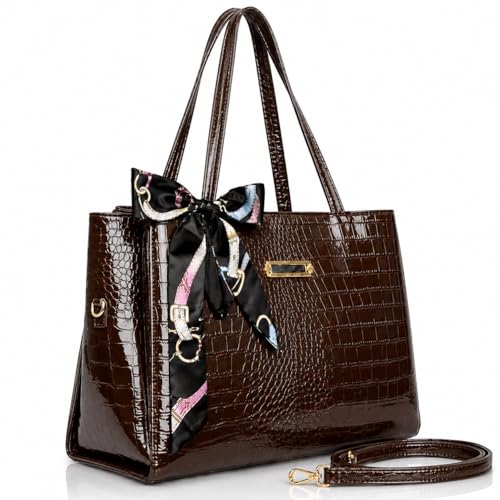 Women's Croco-Embossed Leather Tote Bag with Silk Scarf Accent & ...