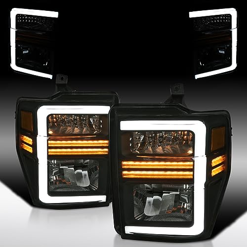 Autozensation Compatible with 2008-2010 Ford F-250, F-350, F-450, F-550 Super Duty, Left + Right Pair Headlamps Assembly, Black Smoke Factory Style Headlights with Sequential LED Turn Signal