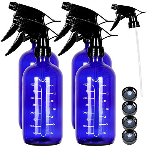 Youngever 4 Pack Empty Blue Glass Spray Bottles with Measurements, Spray Bottles for Hair and Cleaning Solutions (16 Ounce)