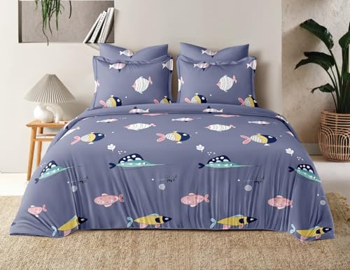 Image of 240 TC Cotton Feel Glace Cotton Elastic Fitted Printed King Size Double Bed Bedsheet with 2 Pillow Covers and Fits Upto 4-6 inches Mattress, Size- 72 inchx78 inch(Fish)