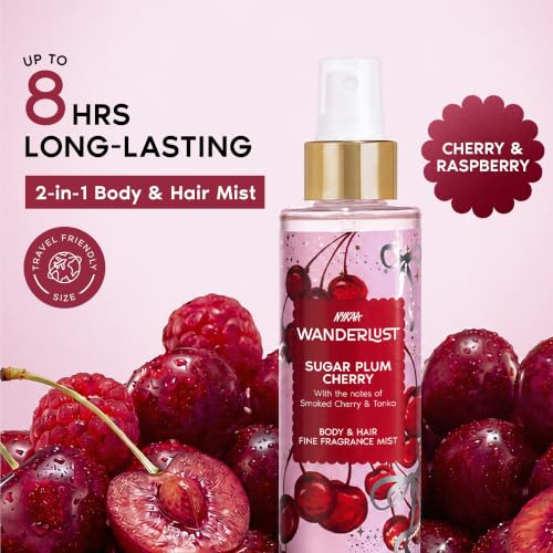 Image of Nykaa Wanderlust Sugar Plum Cherry Travel-szie Perfume Hair & Body Mist 100ml | Long-Lasting Fine Fragrance Mist | Cherry & Raspberry | Lightweight, Non-Sticky
