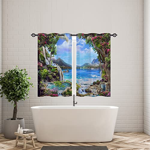 Anhope Scenery Curtains For Bedroom Nature Landscape Theme Window Panels With Garden Pink White Flowers Waterfall Lake Scene Print Pattern Grommet Curtain Drapes For Living Room 2 Panels 42 X 63 Inch #TOP2