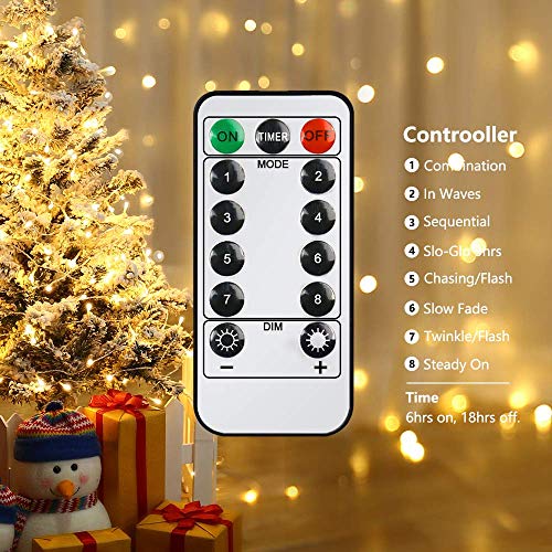 Qedertek Luci Natalizie a Batteria da Esterno, Catena Luminosa 10M 100 LED, Cavo Trasparente, Funzione di Timer con telecomando, Luci Stringa per Albero di Natale, Luci Bianco Caldo Addobbi Natale