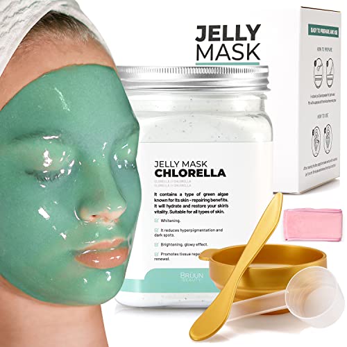 BRÜUN Jelly Mask Jar Chlorella Peel-Off Face Care Rubber Mask - A 23 fl oz Skin Care Gel Mask Jar Spa Set for Men Women and Adults