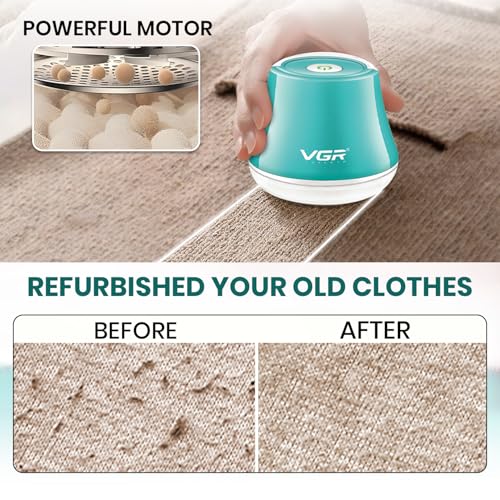 Image of VGR V-810 Professional Lint Remover | Rechargeable Fabric Shaver for Clothing, Upholstery & Linen | Stainless Steel Mesh, Large Lint Container, Foldable Handle | Quick Charging, Aqua Teal