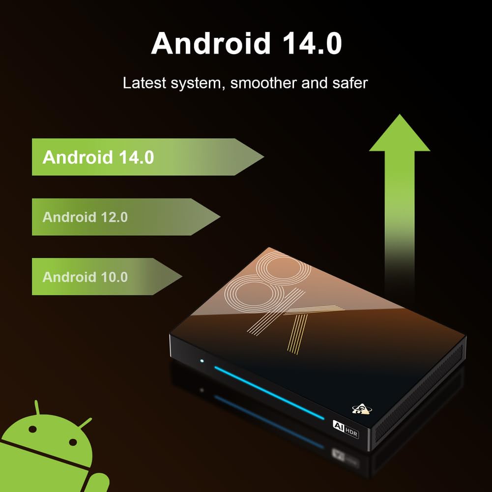 Android 14.0 TV Box 8 GB RAM 128GB Rom, 2025 TV Box Android Wi-Fi 6 2,4 g/5,8G 1000M Ethernet 8K/4K H728 Octa Core BT 5.0 USB 3.0 con Tastiera Mini Wireless,8gb+128gb
