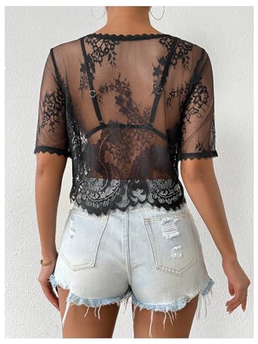 SOLY HUX Women's Sheer Mesh Crop Top Lace Short Sleeve Crew Neck See Through Tshirts Summer Outfits3