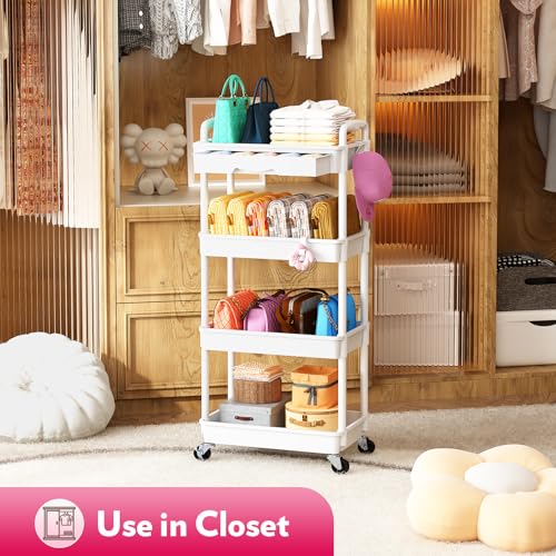 Image of SUNALLY Makeup Cart Organizer with Drawer,4 Tier Rolling Makeup Cart, White