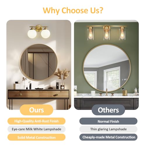Image of Rayogale Bathroom Light Fixtures, 2-Light Gold Vanity Lights Over Mirror with White Glass Shade, 15 Inch Bathroom Wall Sconces for Bedroom Living Room (Bulbs Not Included)