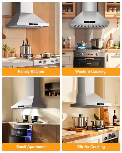 30 Inch Wall Mount Range Hood 1200CFM, 4-Speed Smart Wall Mount Range Hood with Touch Sensor & Remote, Dual LED Lights, Baffle Filters Ducted/Ductless Convertible Pro Series