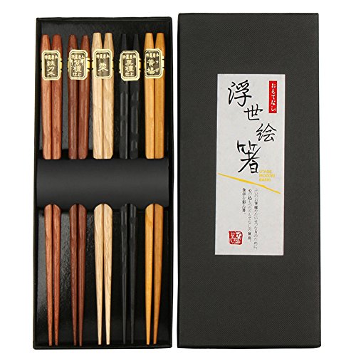 5 Pairs Chopsticks, KUAHAIHINTERAL Japanese Natural Wooden Chop Stick Reusable Classic Style Chopstick Set with Delicate Box as Present Gift (Natural Wood)