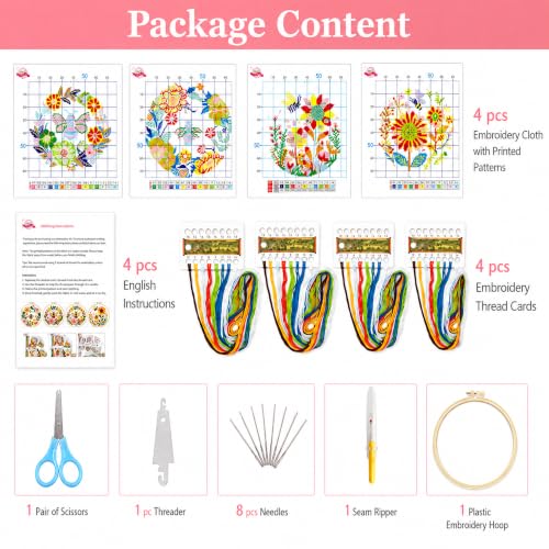 Image of Zhenqing Bee & Flower Garden Cross Stitch Kit for Beginners - 4 Pre-Printed Designs with Hoop, Threads & Complete Tools(68059)