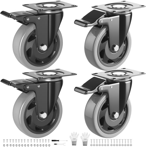 3 Inch Casters Set of 4 Heavy Duty, Caster Wheels with Safety Dual Locking, Swivel Plate Casters with Double Ball Bearings, Industrial Castor Wheels for Furniture,Workbench(Free Hardware Kits)