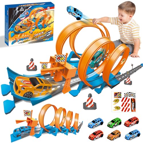 Ulikey Pista de Coches Niños, 76 Piezas Circuito Coches Juguete con Luces y Sonido, Pistas de Carreras Cars con 4 Loopings y 6 Vehículo, Juegos Educativos, Regalo Ideal para Niños y Niñas 3+ Años