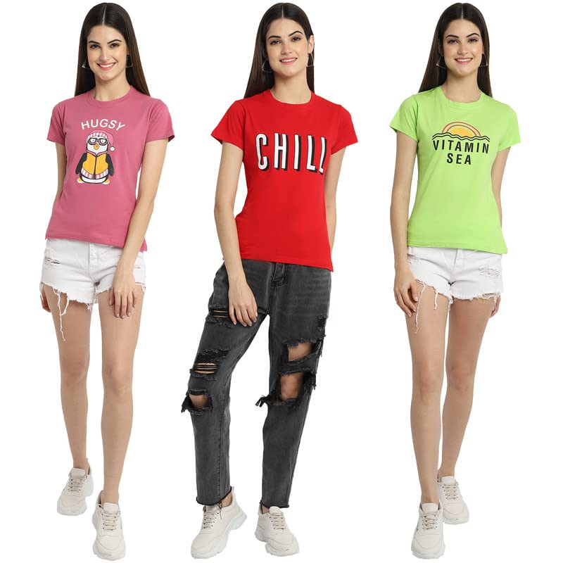 Image of Preneum Women's Cotton Regular Fit Graphic Stylish Printed Short Sleeves Casual T-Shirt || Trend & Style (Pack 3)