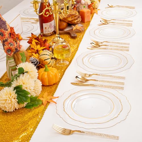 image for Liacere 150PCS Clear Gold Plastic Plates - Disposable Plastic Silverwa