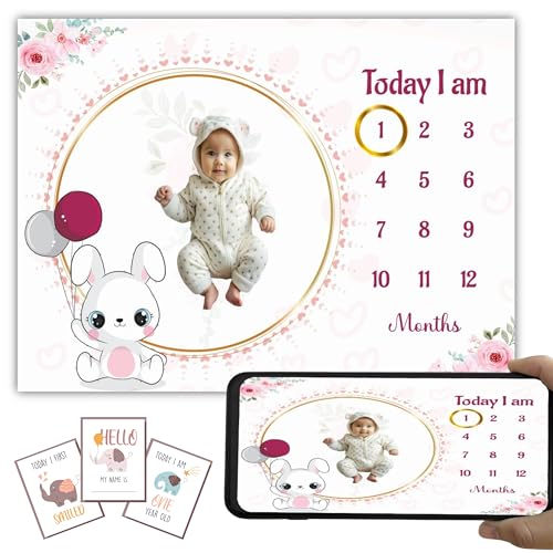 Image of Baby Monthly Milestone Blanket | 1-12 Months | Soft All-Season AC Blanket | Ideal for Newborn Boys & Girls | Perfect Growth Tracker & Photoshoot Prop with Bunny Balloon | 120x90 cm
