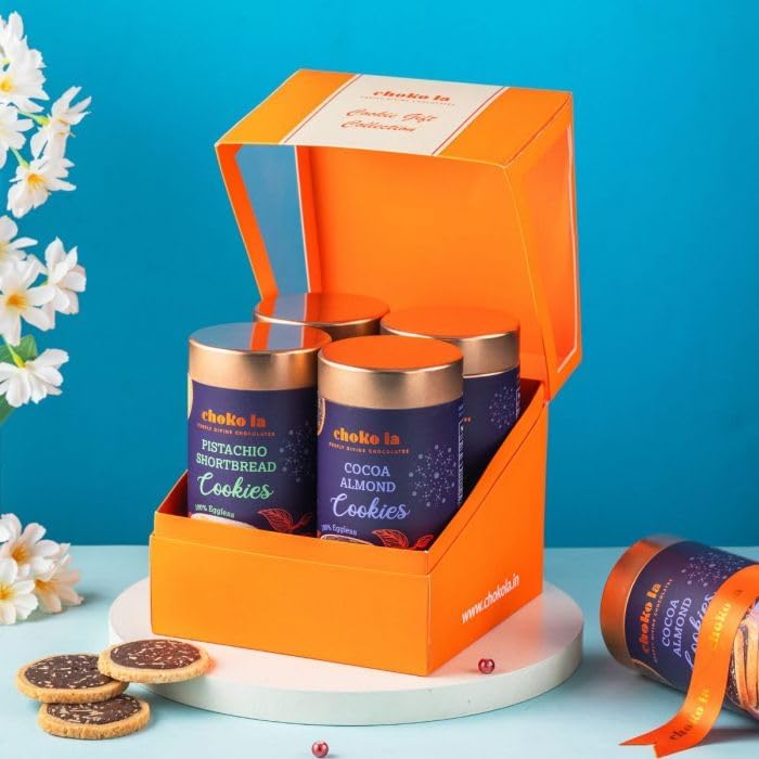 Image of Chokola Premium Cookie Combo Pack - 650g | 4 Assorted Flavour Gourmet Cookies - Almond Cookies, Pistachio Shortbread, Chocolate Fudge and Cocoa Coconut & Oatmeal | Natural Ingredients | No Maida | High Protein | Gourmet Tea-Time Snacks | Premium Gifting Option For Special Occasion | 160 g Each