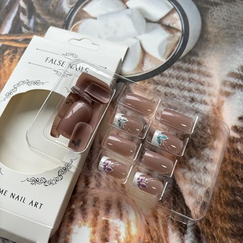 Abatare French Tip Press On Nails Pink Fake Nails Medium Length Glue On Nails Square False Nails With Pink Blue Butterfly Design White Tip Acrylic Press On Nails Cute Artificial Nails Glossy Stick On Nails thumb #5