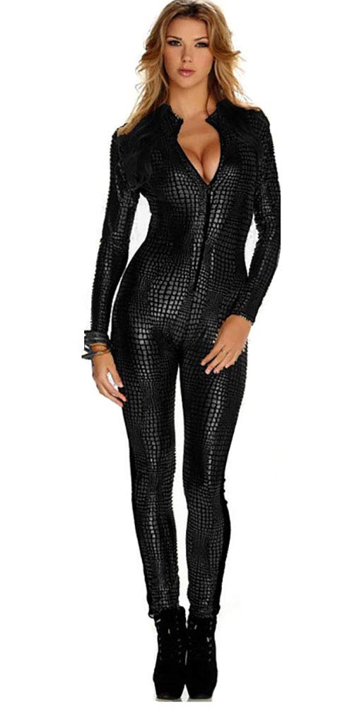 Boowhol Sexy Women's Cat Costume Snake Skin Stripes Club DS Patent Club Suit Tight Clothing, Snakeskin Overalls Catwoman Costume Jumpsuit Costume Full Suit Party Clothing