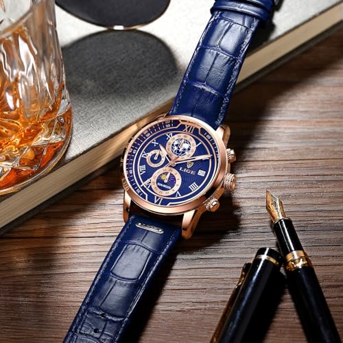 LIGE Reloj para Hombre CronóGrafo Cuarzo con Fecha DiseñO Fases De La Luna Correa De Negro Cuero Reloj Diari Resistente Al Agua – Relojes Elegantes para Los Negocios Y La Vida Diaria,Plata Blanca - Imagen 7
