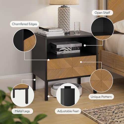 Image of Bme Vivian Solid Wood Nightstand, End Table, Bedside Table with Herringbone Pattern for Rustic Bedroom, Easy Assembly, Rustic Seadrift and Black