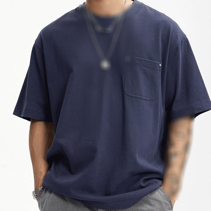 Men's Casual Loose Short Sleeves Cotton Breathable Quick Drying Outdoor T-Shirt Fashion Round Neck Vest with Pocket