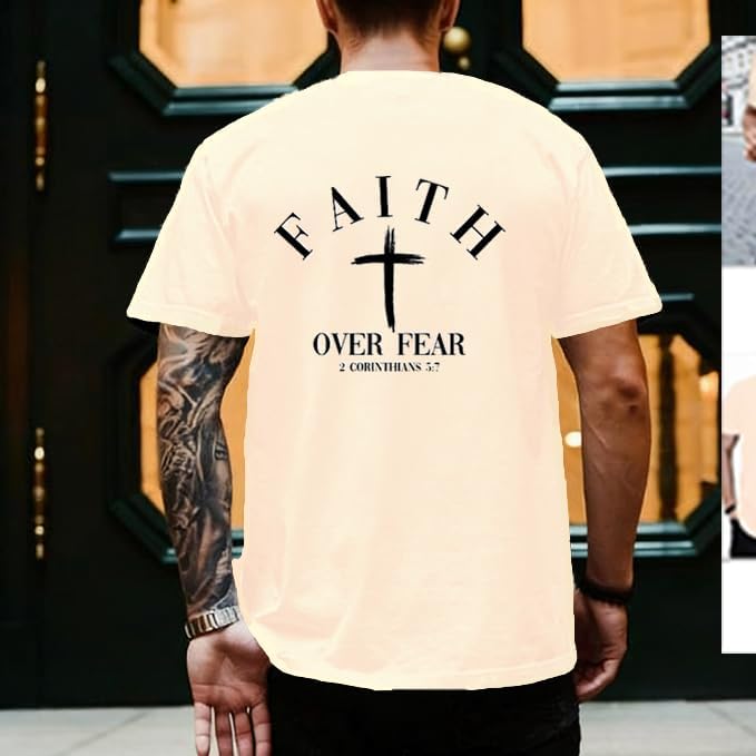 Christian Faith Over Fear Shirt for Men Cross God Jesus T-Shirt Acid Wash God Tees Vintage Bible Verse Short Sleeve Tops - Image 3