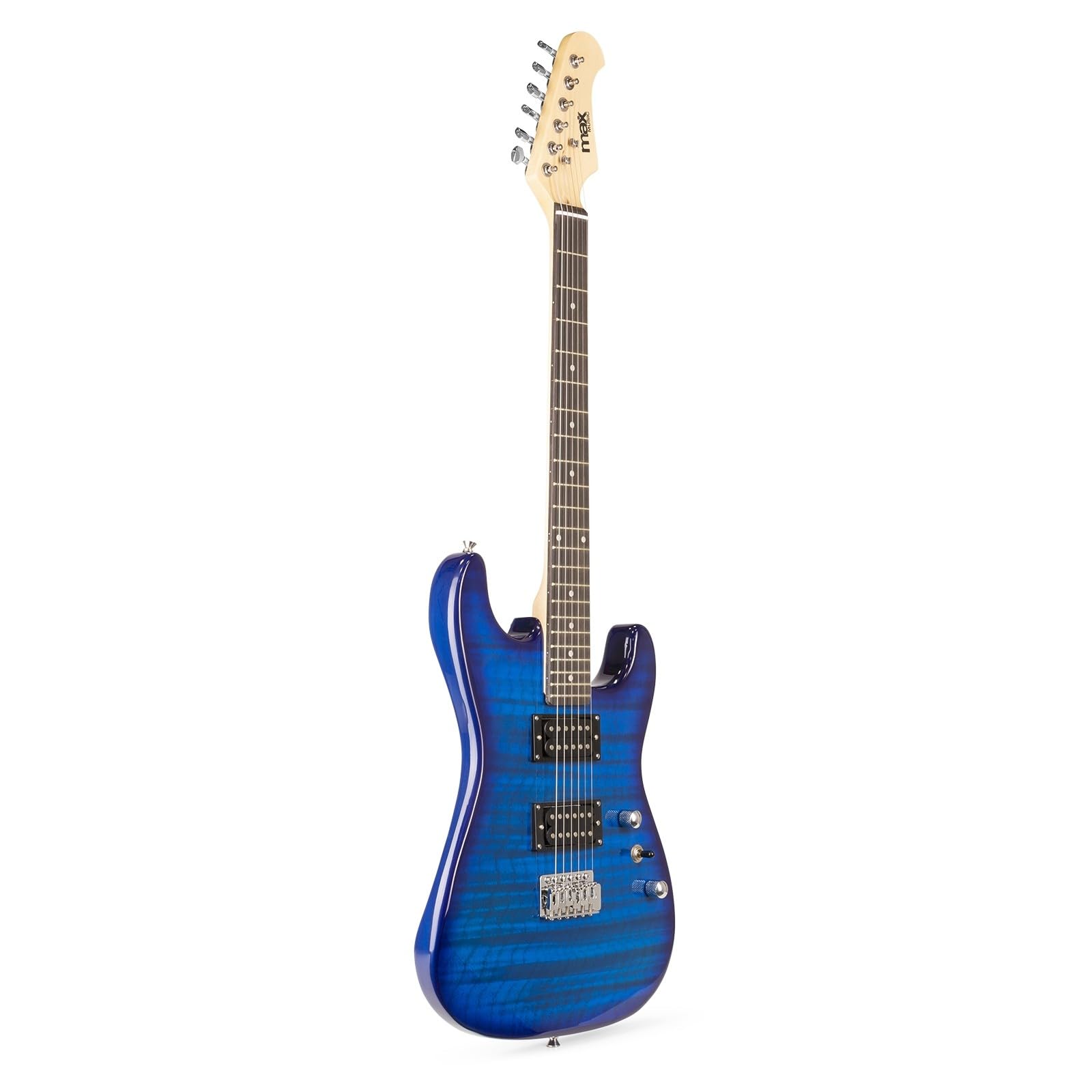 Max GigKit E Gitarre Quilted Style, E Gitarren Set mit Verstärker, Gitarrentasche, Plektrum, Stimmgerät Gitarre, Instrumentenkabel, Ersatzsaiten und Gitarrengurt, 22 Bünde - Dunkel Blau