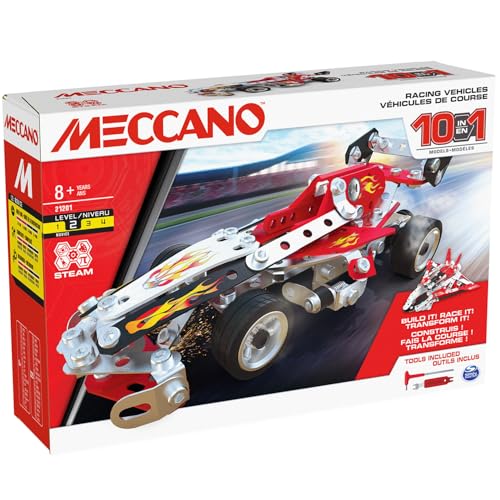 Bandai – Meccano Vehículos de Carreras 10 en 1 – Estuche de construcción, 10 Modelos – 225 Piezas, Herramientas, Instrucciones – Kit de Actividades de Montaje de Coche, avión Barco Carrera, Juguete