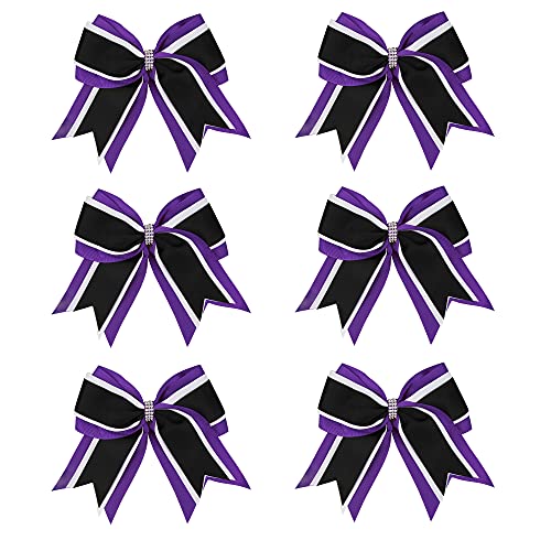 8 Inch 3 Colors 3 Layers 6 Pcs Cheerleader Bows Jumbo Cheerleading Bows Hair Elastic Hair Tie for High School College (Purple/White/Black)