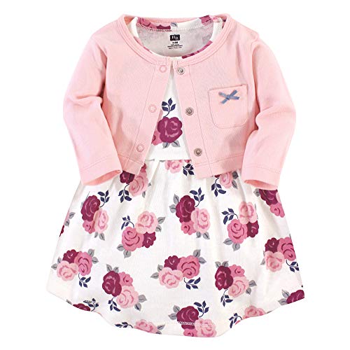Hudson Baby Girls' Cotton Dress and Cardigan Set, Blush Floral, 6-9 Months