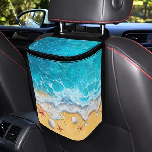 Image of KEIAHUAN Beach Theme Starfish Car Trash Can Hanging Foldable Multipurpose Trash Bin Container Storage Bag Grocery Organizer Bag for Back Seat for Outdoor Travelling Home Use
