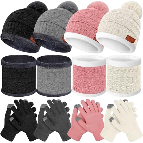 JaGely 12 Pieces Kids Winter Hat Glove Scarf Sets Thick Fleece Lining Cap Knitted Beanie Warm Touchscreen Mitten Neck Warmer Gaiter for Boys and Girls(Classic Black Gray White Pink)