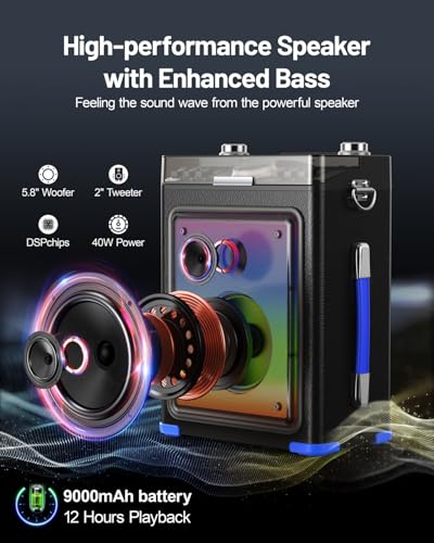 Image of Metfut Professional Karaoke Machine for adults with Bluetooth 5.3, 2 Wireless Mics, Portable Wooden Speaker PA System with Bass /Treble Adjustment for Backyard, Home Parties and Camping-Blue