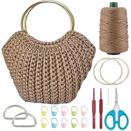 BEUNITONE Macrame Bag Kit for Adults Beginners Brown Macrame Handbag Making Kit with D Shaped Handle Boho DIY Tote Bag Set Crochet Kits for Starter Boho Gift with Step-by-Step Video Instructions