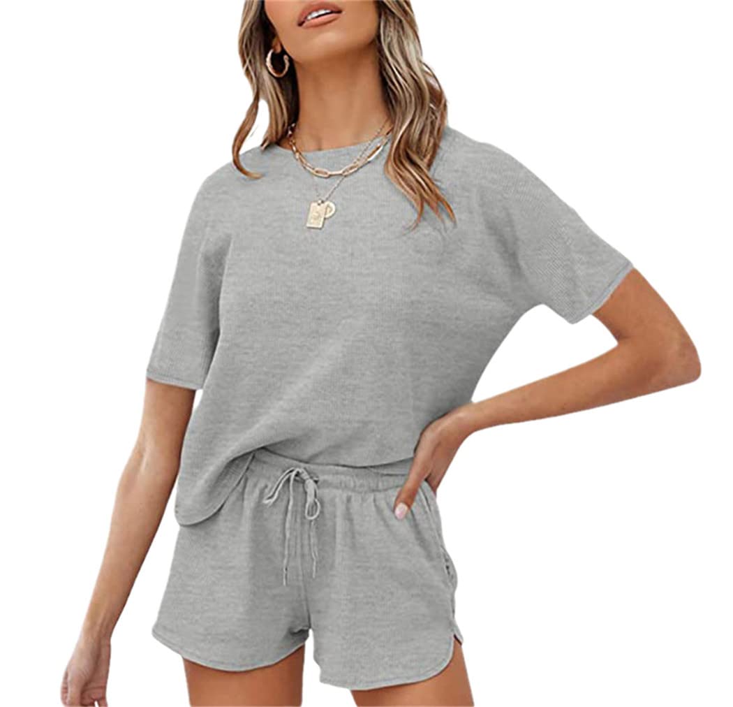 Donne Primavera Rib Manica Corta Famiglia Colore Puro Tempo Libero Indossare Sport, grigio, M