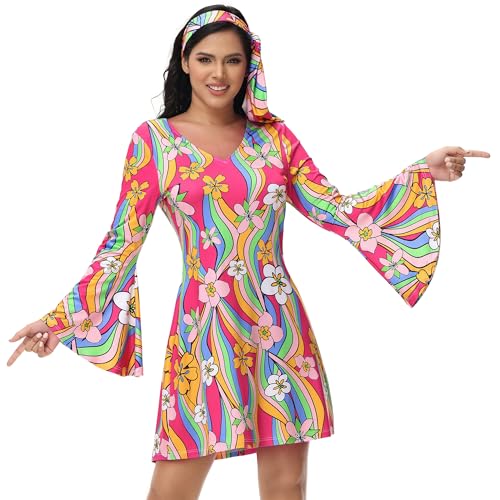 Frawirshau Disco Outfit 70s Costume - Women's Disco Dress with Hippie Style