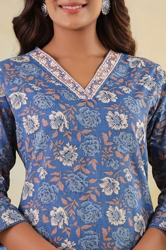 Image of Ichaa Women's Pure Cotton Embroidered V-Neck Ethnic Kurta with 3 /4th Sleeve for Daily and Office Wear, in Plus Sizes