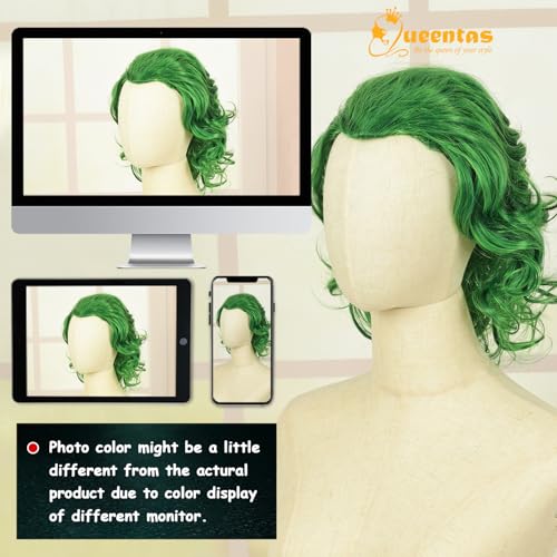 Image of QUEENTAS Short Green Wig for Men Clown Wigs for Men 70s 80s Mens Cosplay Halloween Costume Wig