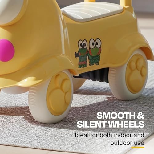 Image of Kermit Ride on Cars for Kids | Portable Kids Car with Music & Toy Storage | Indoor Baby Push Ride-ons with Lights & Safety Backrest | Outdoor Rider Cars for Kid 18+ Months (Yellow)