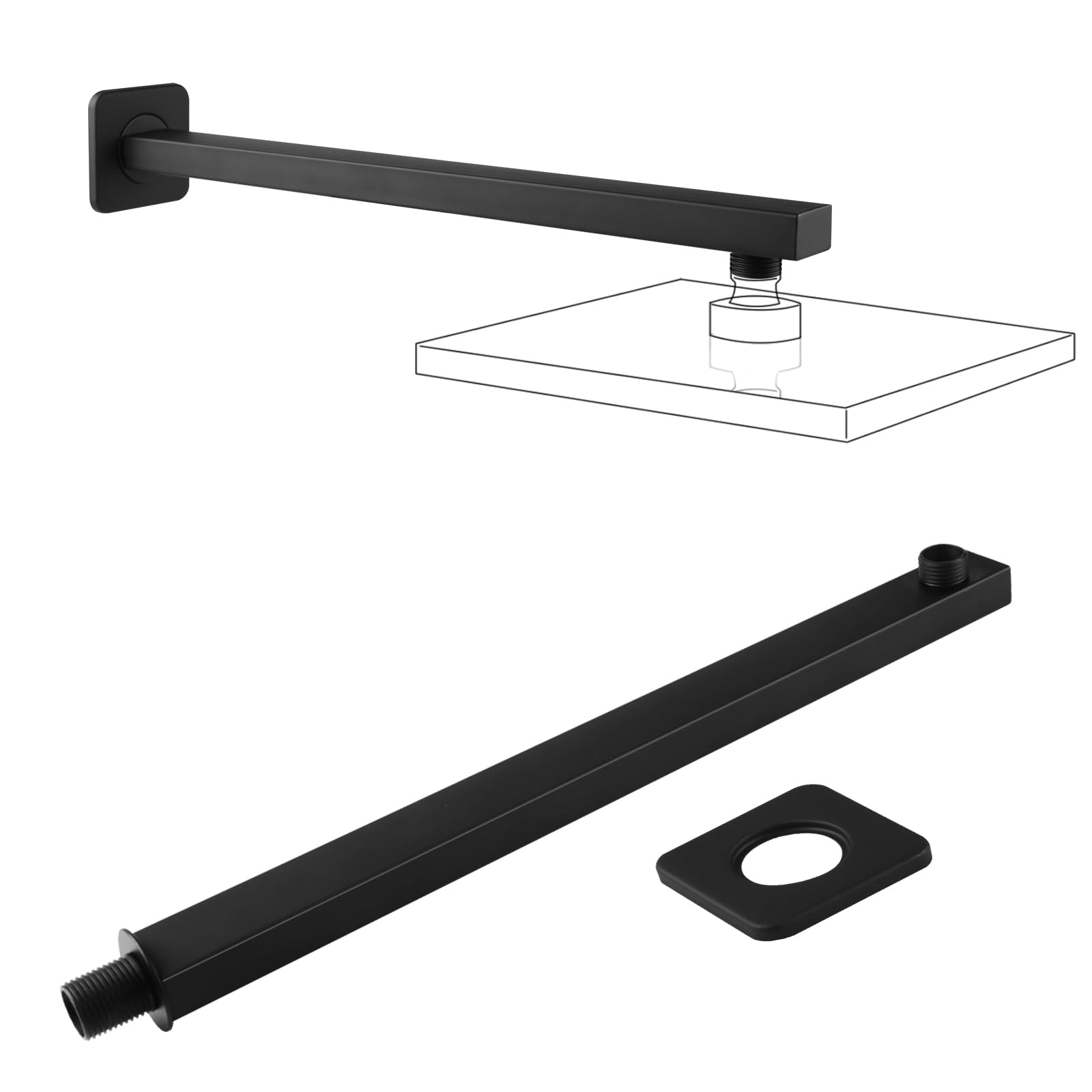 16 Inch Shower Arm with Flange, Stainless Steel Wall-Mounted Shower Head Extension, Rust-Resistant, Fits Fixed Rainfall Shower Heads, Chrome Finish for Bathroom