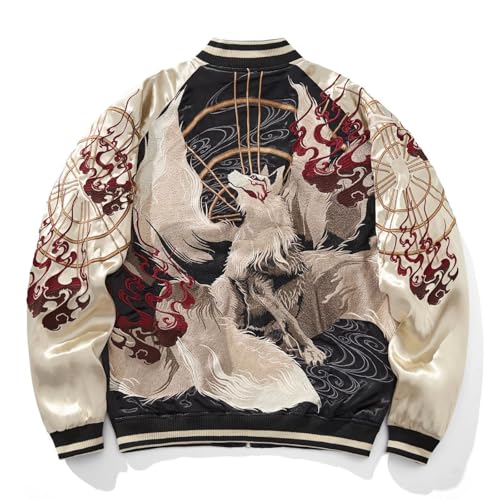 Sukajack Nine-Tailed Fox Embroidered Bomber Jacket Vintage Japanese Streetwear Satin