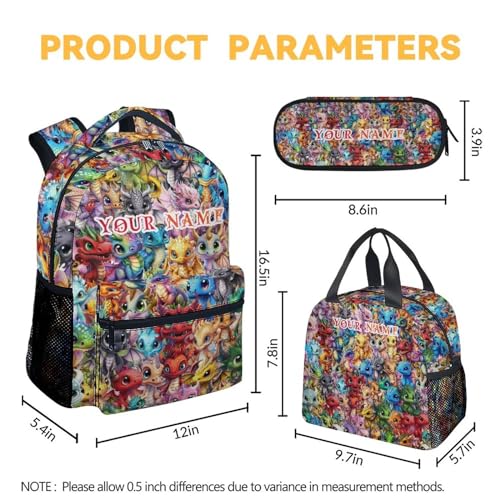 Custom Dragon Kids Backpack with Lunch Box, Set of 3 School Backpacks Matching Combo, Cute Colorful Bookbag and Pencil Case Bundle4