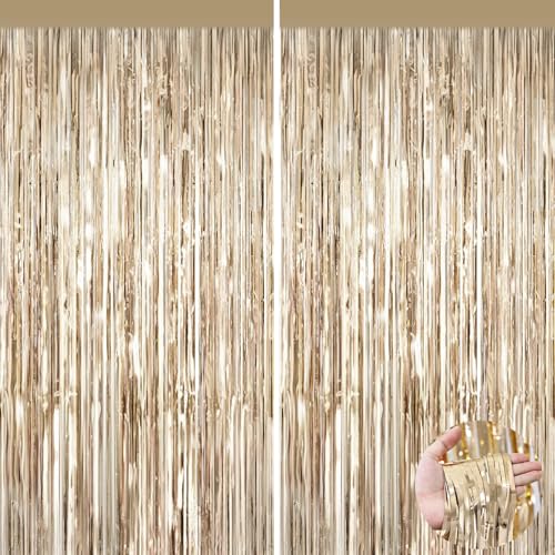 2Pack Champagne Gold Foil Fringe Backdrop Curtains Tinsel Door Streamers Fringe Backdrop for Birthday Decorations Graduation New Years Eve Wedding Baby Shower Gender Reveal Disco Party Decors