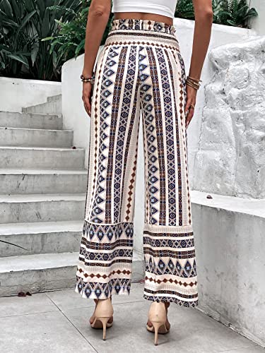 SweatyRocks Women's Allover Geo Print Wide Leg Pants Drawstring Waist Ruffle Hem Trousers2